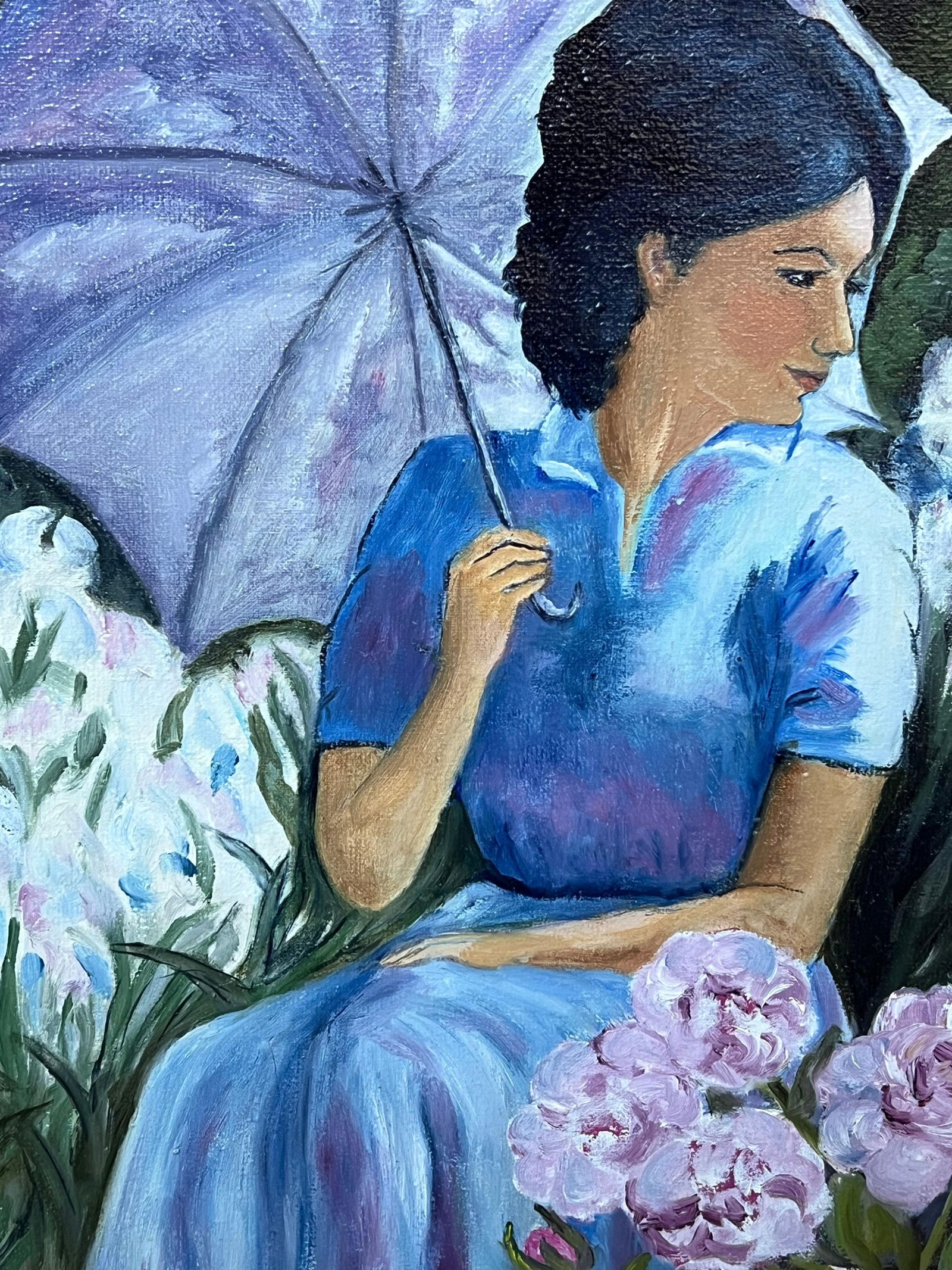 Annie Faure; Lady in Blue Seated Amongst Blossoming Roses and Irises 20th Century French Oil - 8