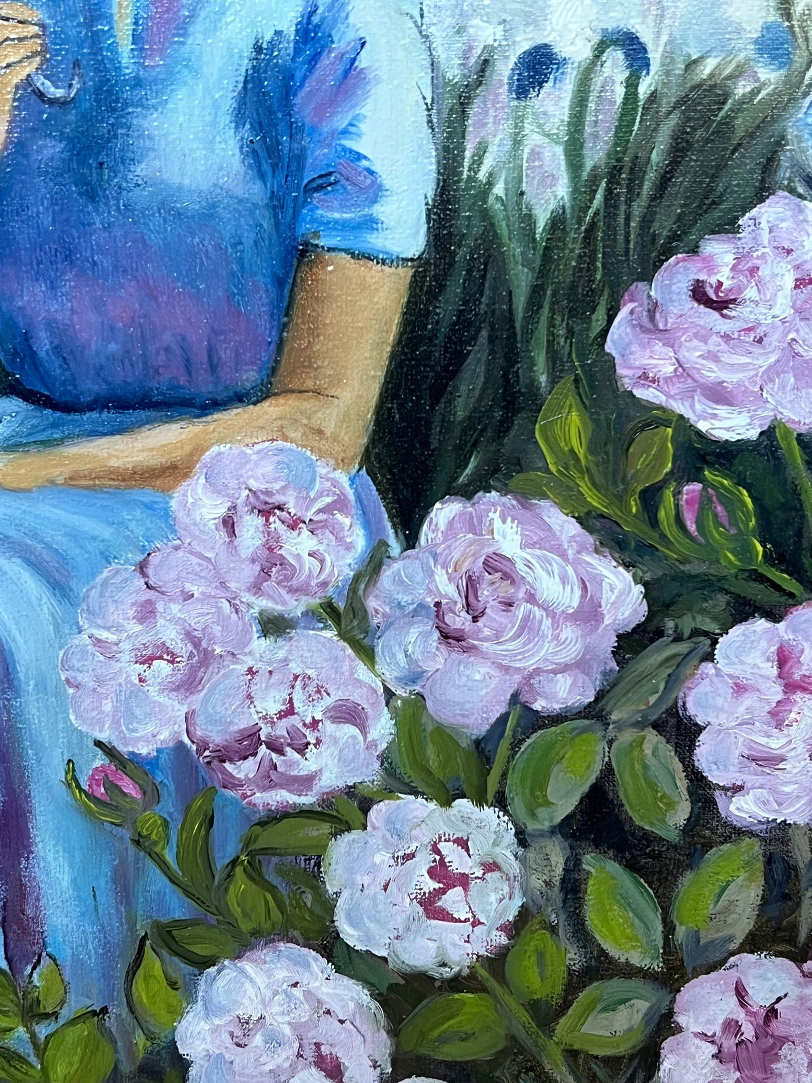 Annie Faure; Lady in Blue Seated Amongst Blossoming Roses and Irises 20th Century French Oil - 9