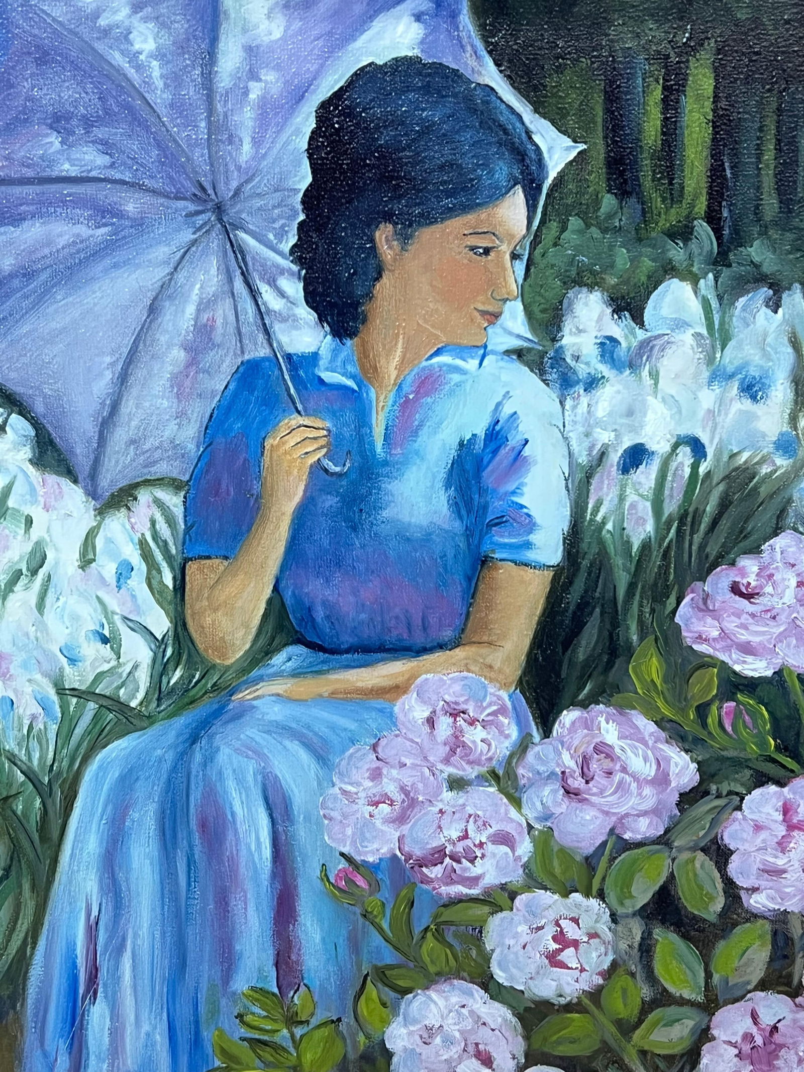 Annie Faure; Lady in Blue Seated Amongst Blossoming Roses and Irises 20th Century French Oil - 10