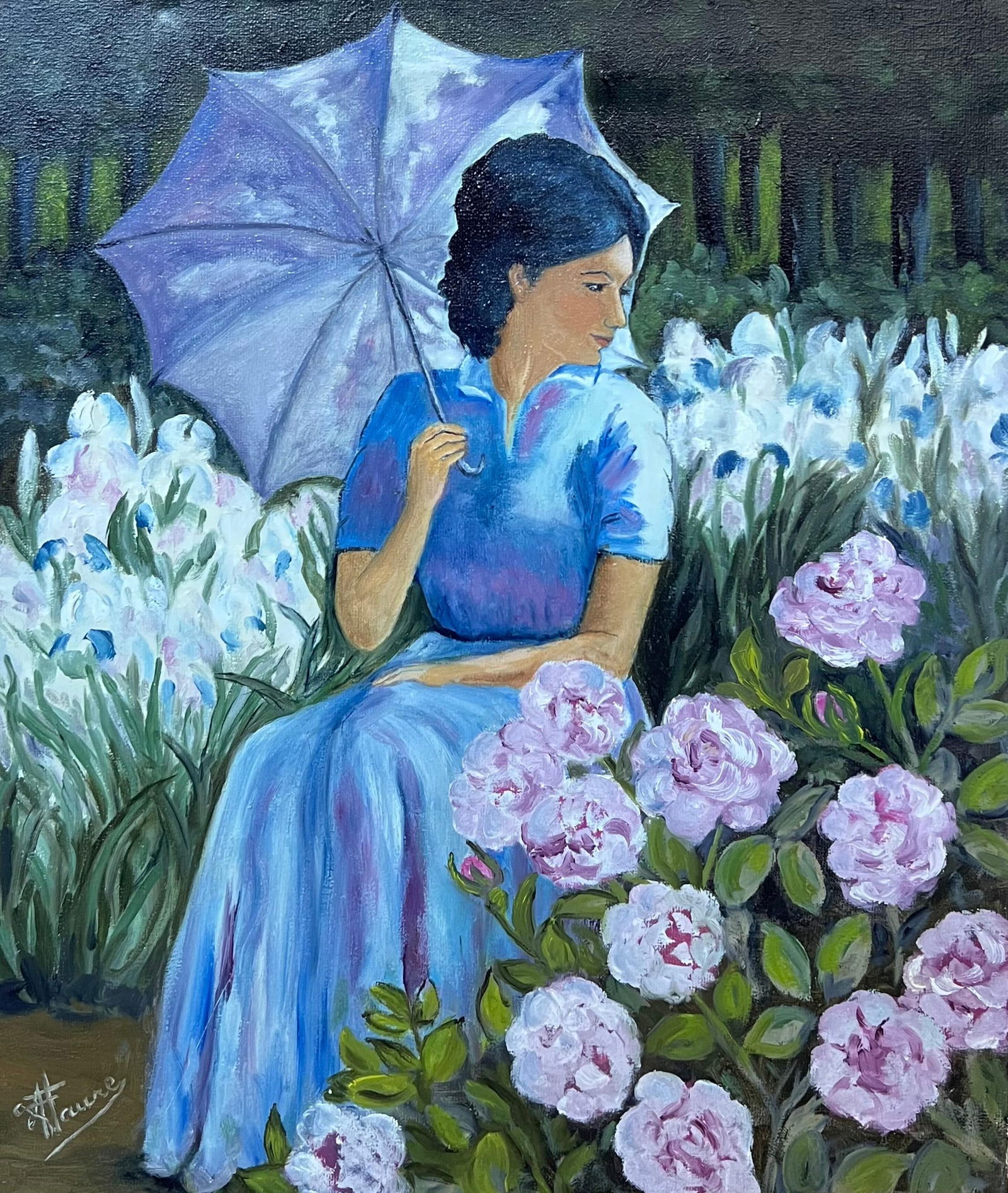 Annie Faure; Lady in Blue Seated Amongst Blossoming Roses and Irises 20th Century French Oil: Title: Annie Faure; Lady in Blue Seated Amongst Blossoming Roses and Irises 20th Century French Oil Description: Title: Brittany Watercolor of Thatched Cottage and a Well in the Countryside by Robert