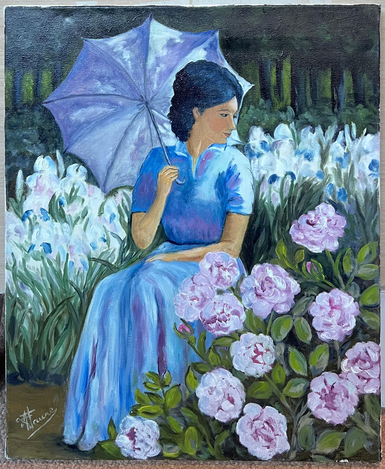 Annie Faure; Lady in Blue Seated Amongst Blossoming Roses and Irises 20th Century French Oil - 5