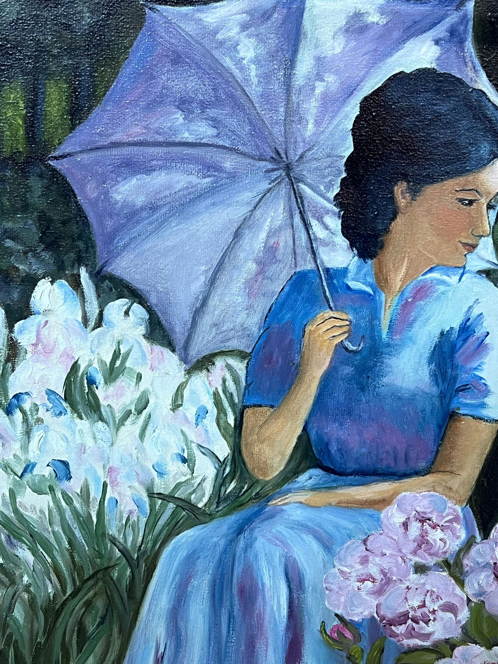 Annie Faure; Lady in Blue Seated Amongst Blossoming Roses and Irises 20th Century French Oil - 6