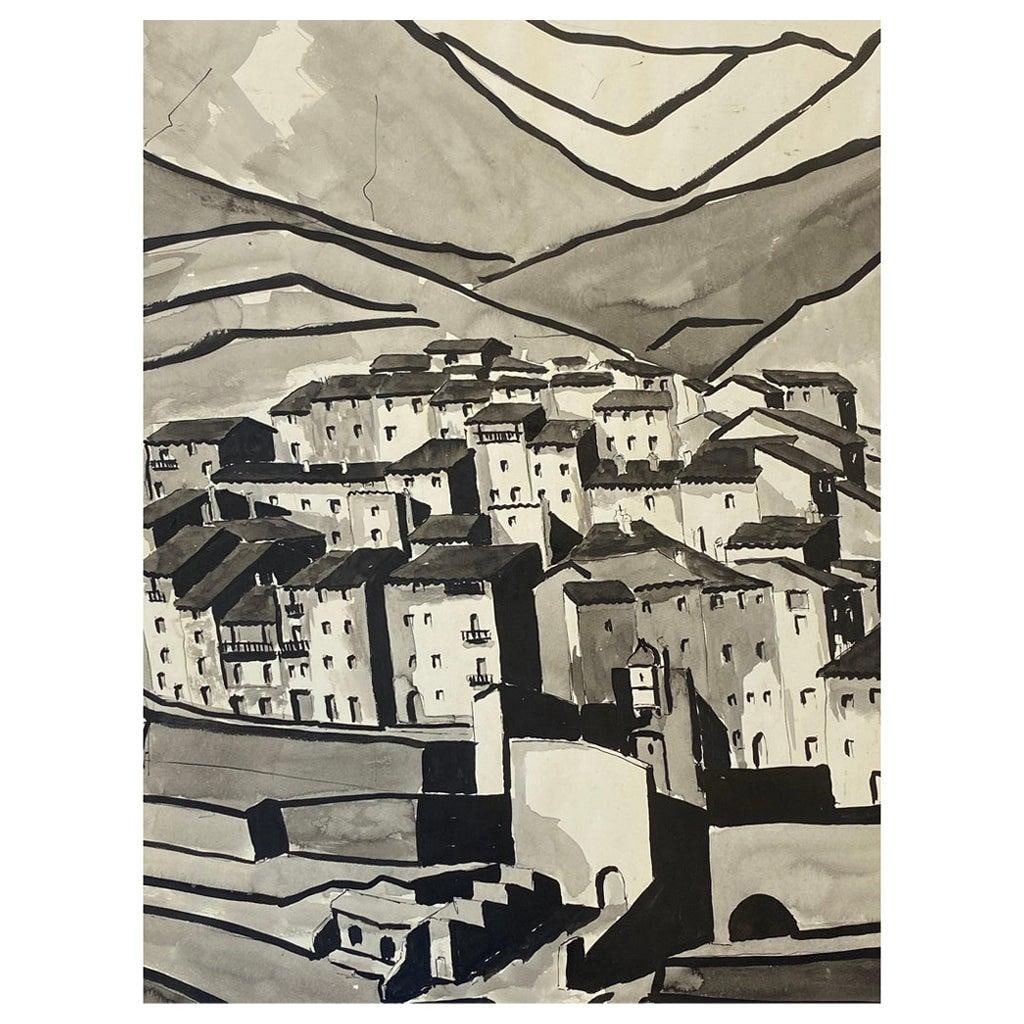 1950's Modernist Painting, Black & White Town Landscape, 1950 - 4