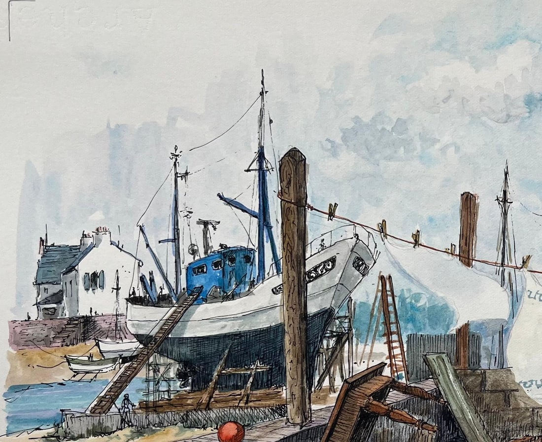 Robert Lepine (1929 - 2017); Brittany Watercolor of Guilvinec Fishing Port with Lighthouse and - 10