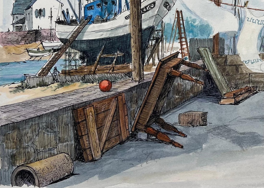 Robert Lepine (1929 - 2017); Brittany Watercolor of Guilvinec Fishing Port with Lighthouse and - 5