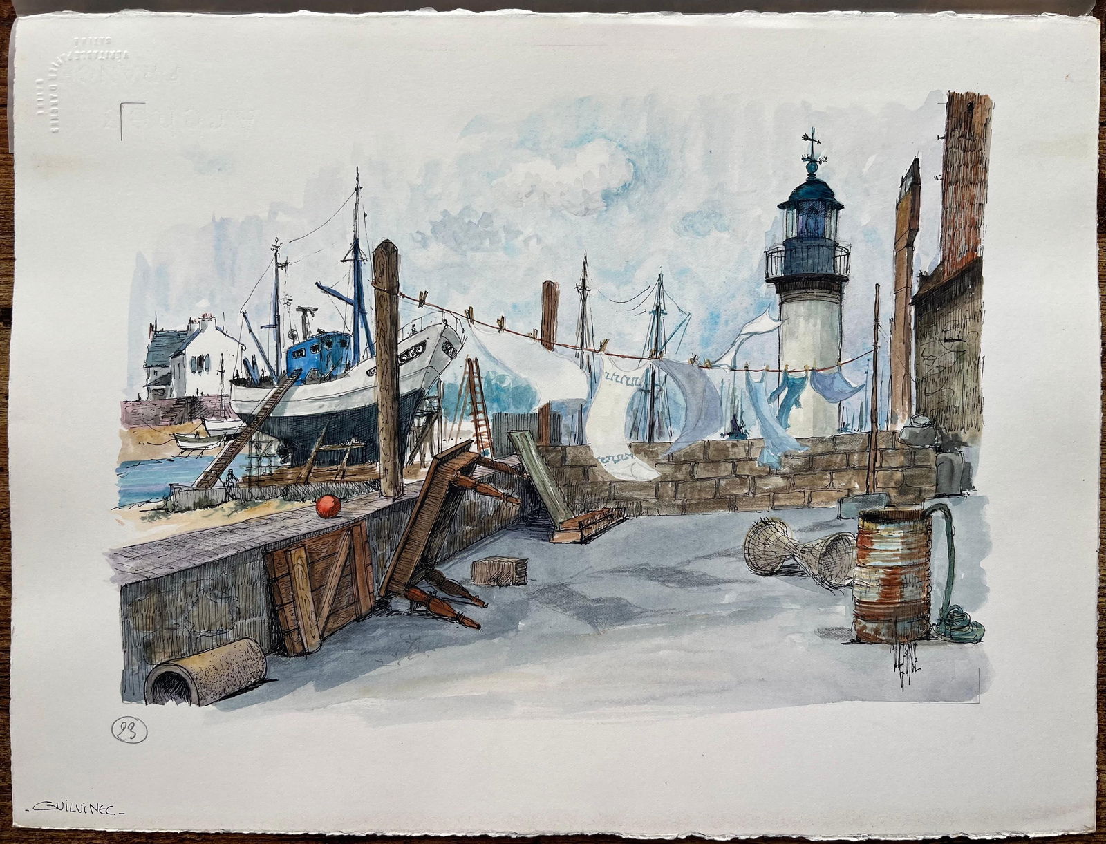 Robert Lepine (1929 - 2017); Brittany Watercolor of Guilvinec Fishing Port with Lighthouse and - 8