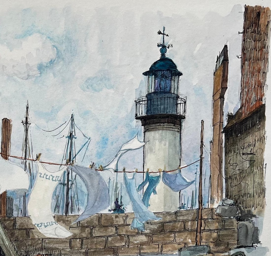 Robert Lepine (1929 - 2017); Brittany Watercolor of Guilvinec Fishing Port with Lighthouse and - 9