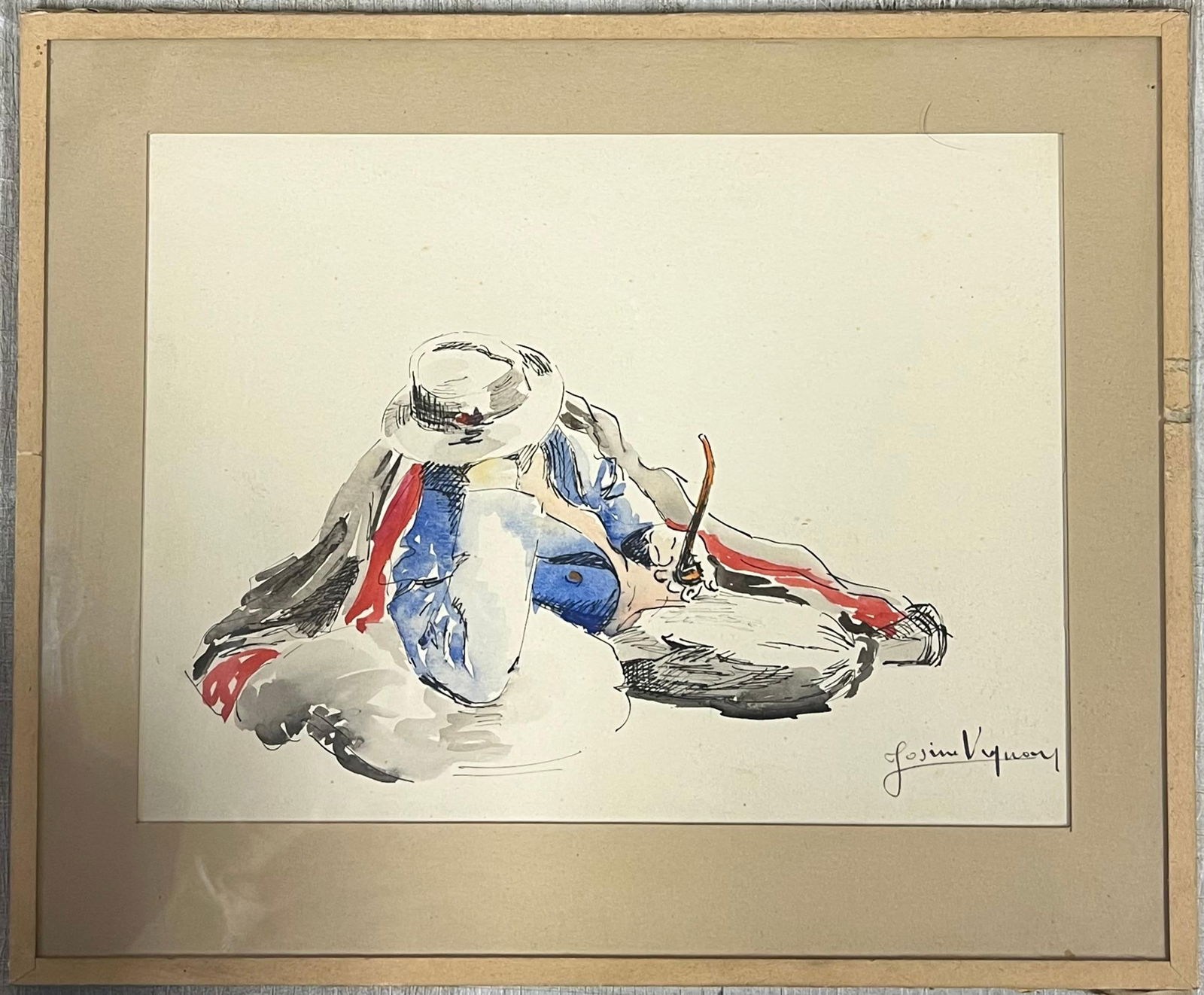 Josine Vignon; Mid Century French Portrait Reclining Man With a Pipe Watercolour Study, 1945 - 2