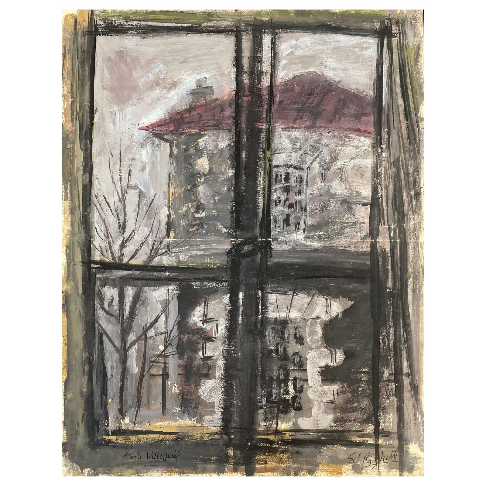 Mid Century French Post-Impressionist Painting, Grey Skies Through Window, 1950: Title: Mid Century French Post-Impressionist Painting, Grey Skies Through Window, 1950 Description: French Streets by Fernand Audet (French, Tarascon 1923- Mulhouse 2016) signed lower right, oil paint