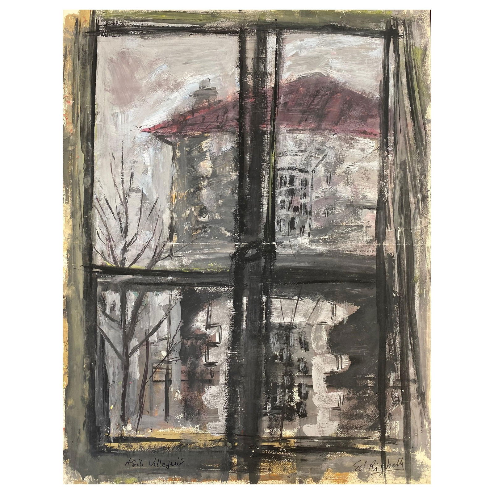 Mid Century French Post-Impressionist Painting, Grey Skies Through Window, 1950 - 4