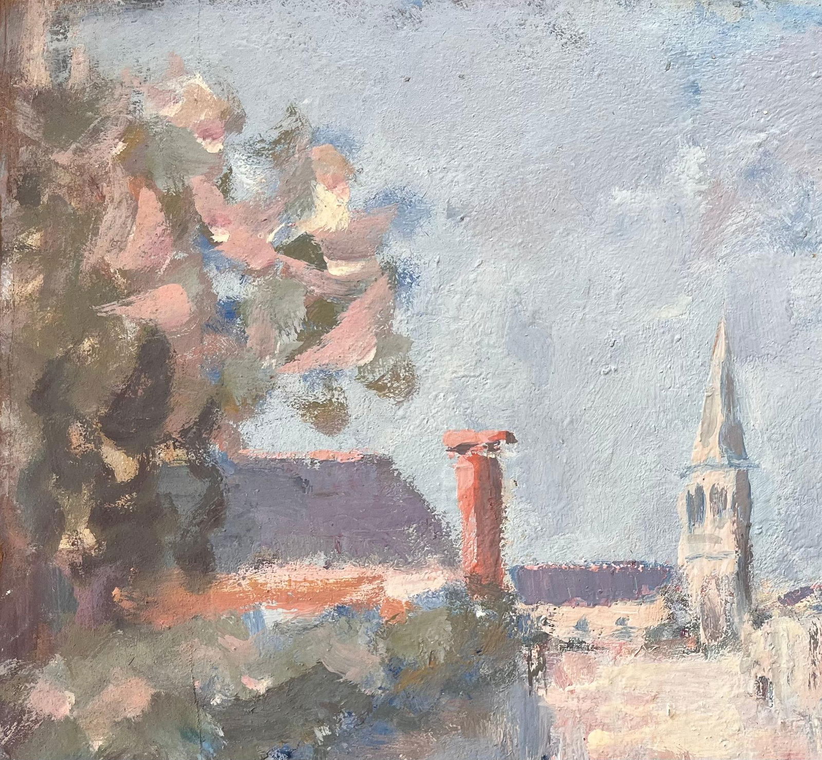 Fanch Lel; French Impressionist Village Street with Church Spire and Whitewashed Houses - 11