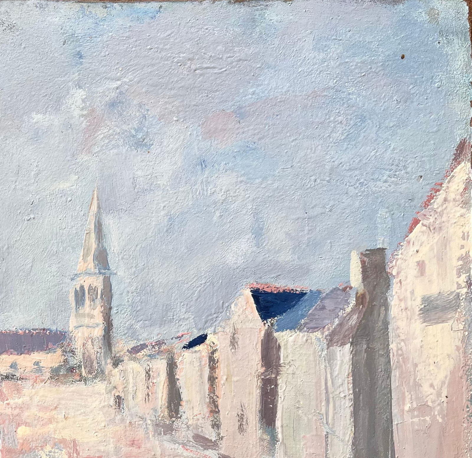 Fanch Lel; French Impressionist Village Street with Church Spire and Whitewashed Houses - 12