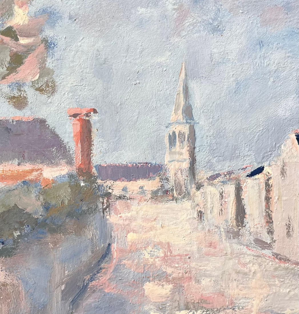 Fanch Lel; French Impressionist Village Street with Church Spire and Whitewashed Houses - 13