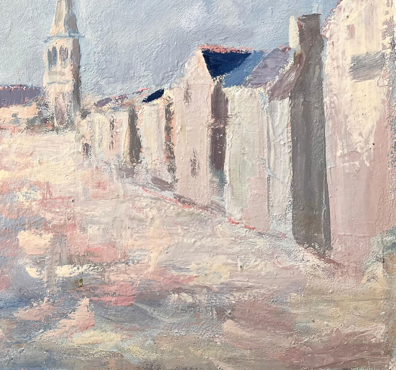 Fanch Lel; French Impressionist Village Street with Church Spire and Whitewashed Houses - 2