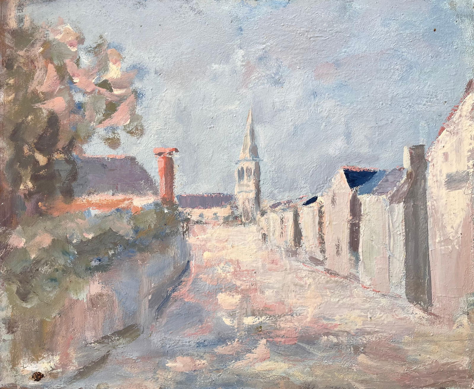 Fanch Lel; French Impressionist Village Street with Church Spire and Whitewashed Houses - 7