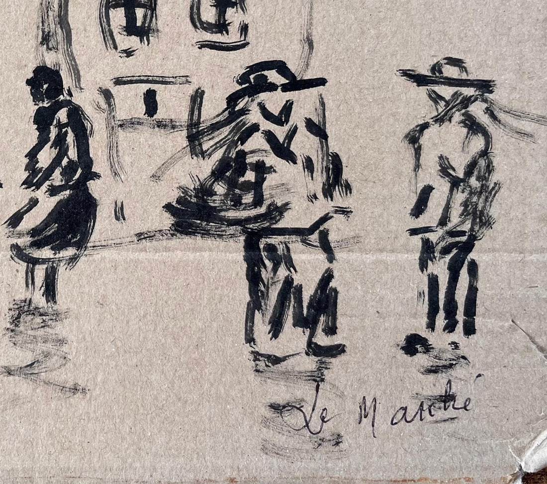 Fanch Lel; French Ink Drawing of Market Scene with Figures and Umbrella by Fanch Lel - 10
