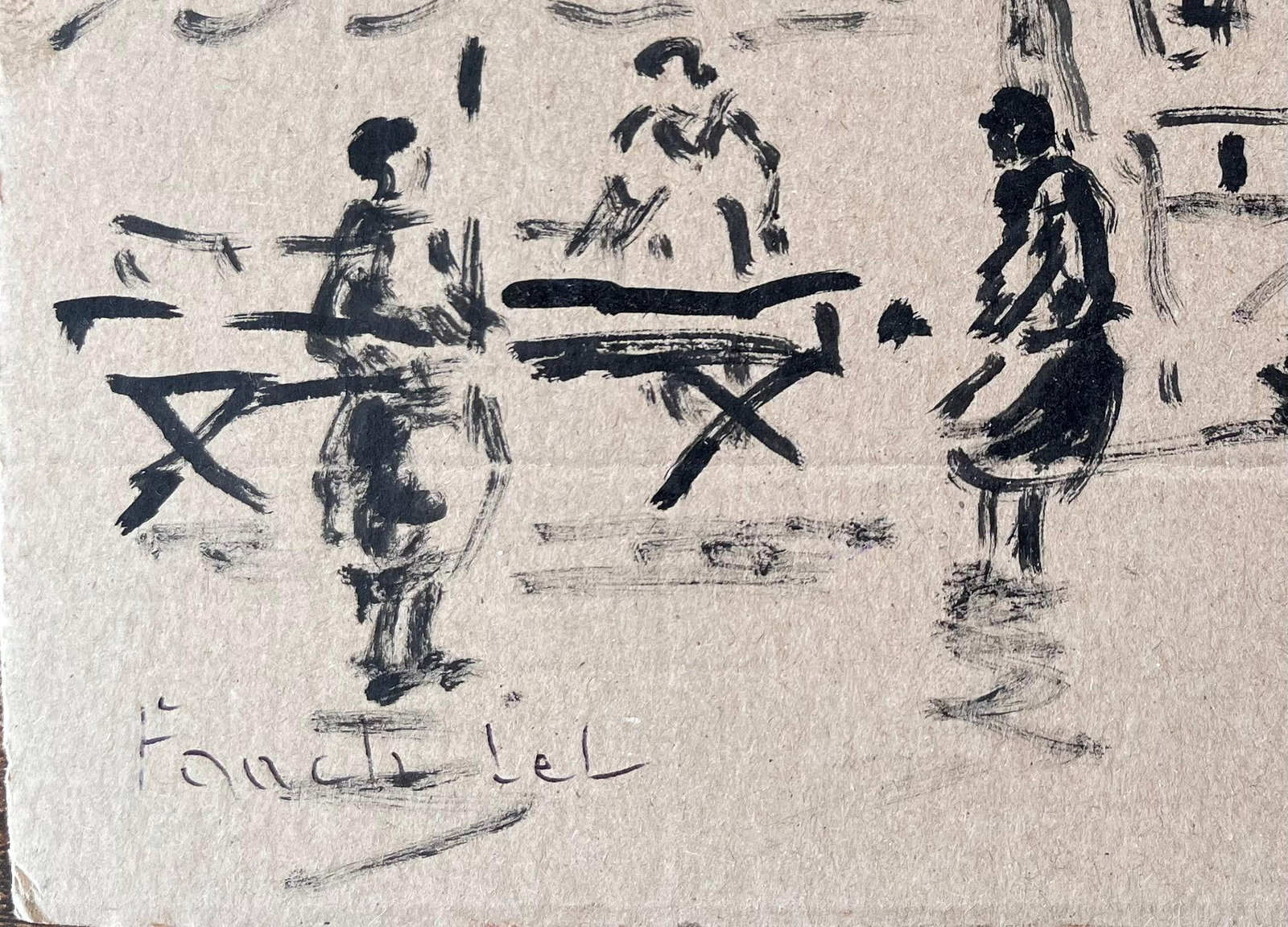 Fanch Lel; French Ink Drawing of Market Scene with Figures and Umbrella by Fanch Lel - 11