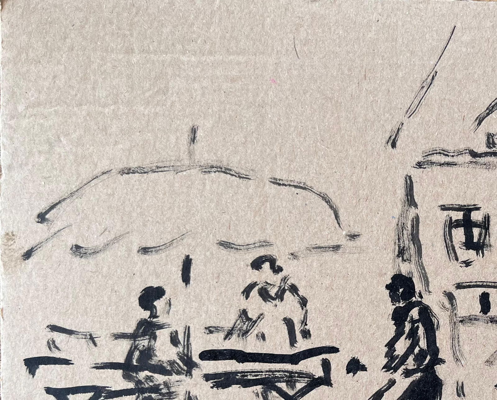 Fanch Lel; French Ink Drawing of Market Scene with Figures and Umbrella by Fanch Lel - 4