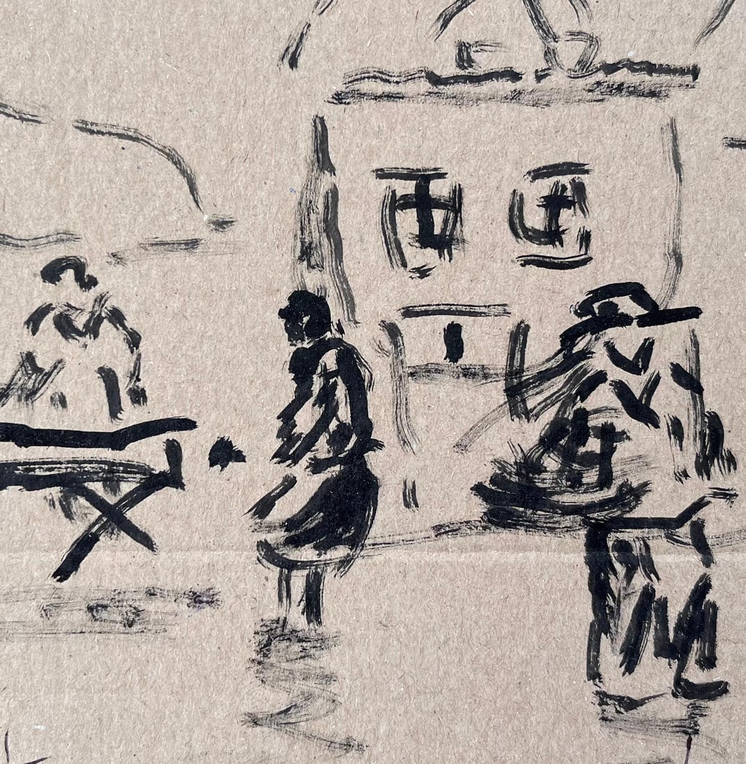 Fanch Lel; French Ink Drawing of Market Scene with Figures and Umbrella by Fanch Lel - 5