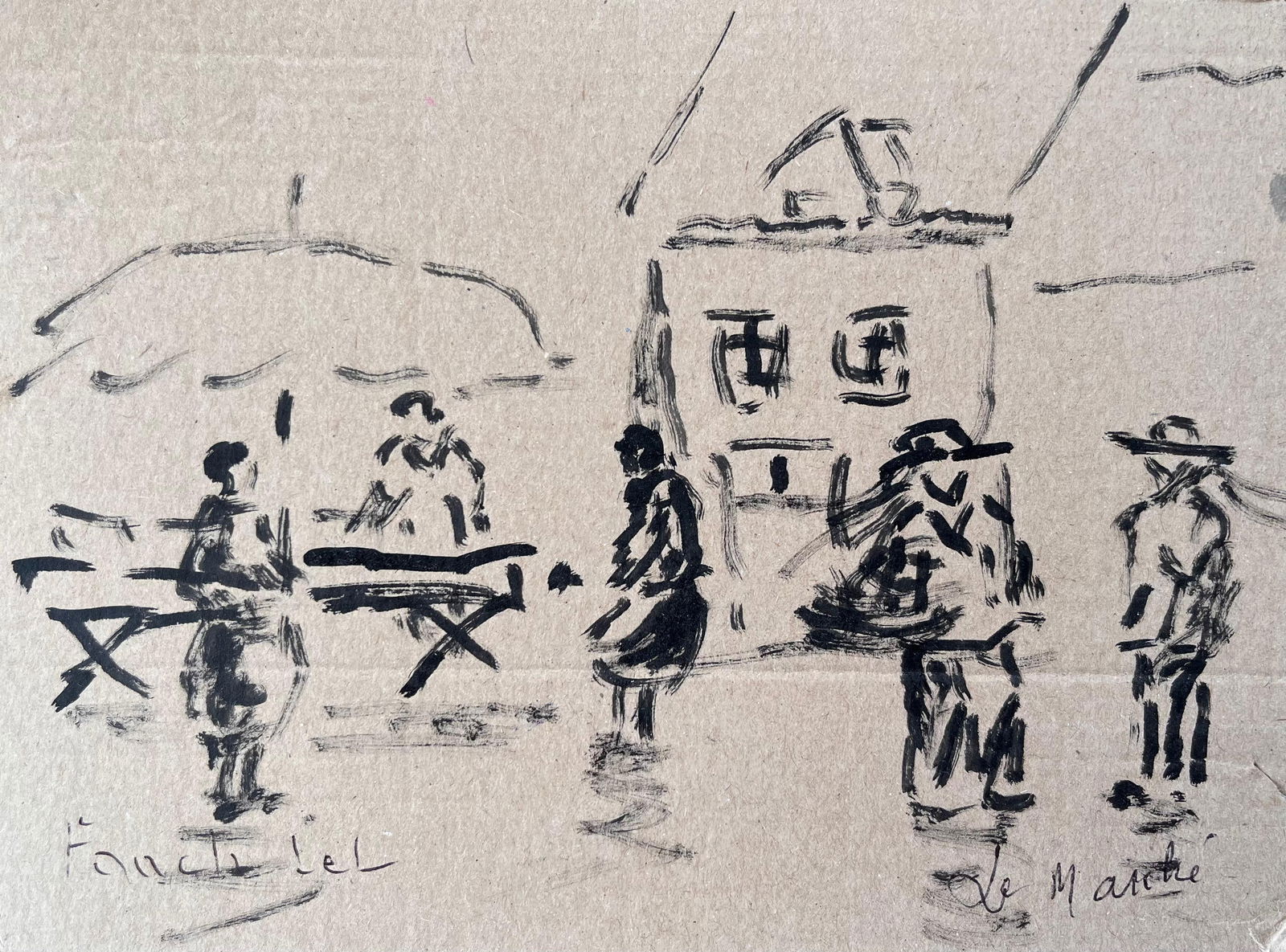 Fanch Lel; French Ink Drawing of Market Scene with Figures and Umbrella by Fanch Lel - 7