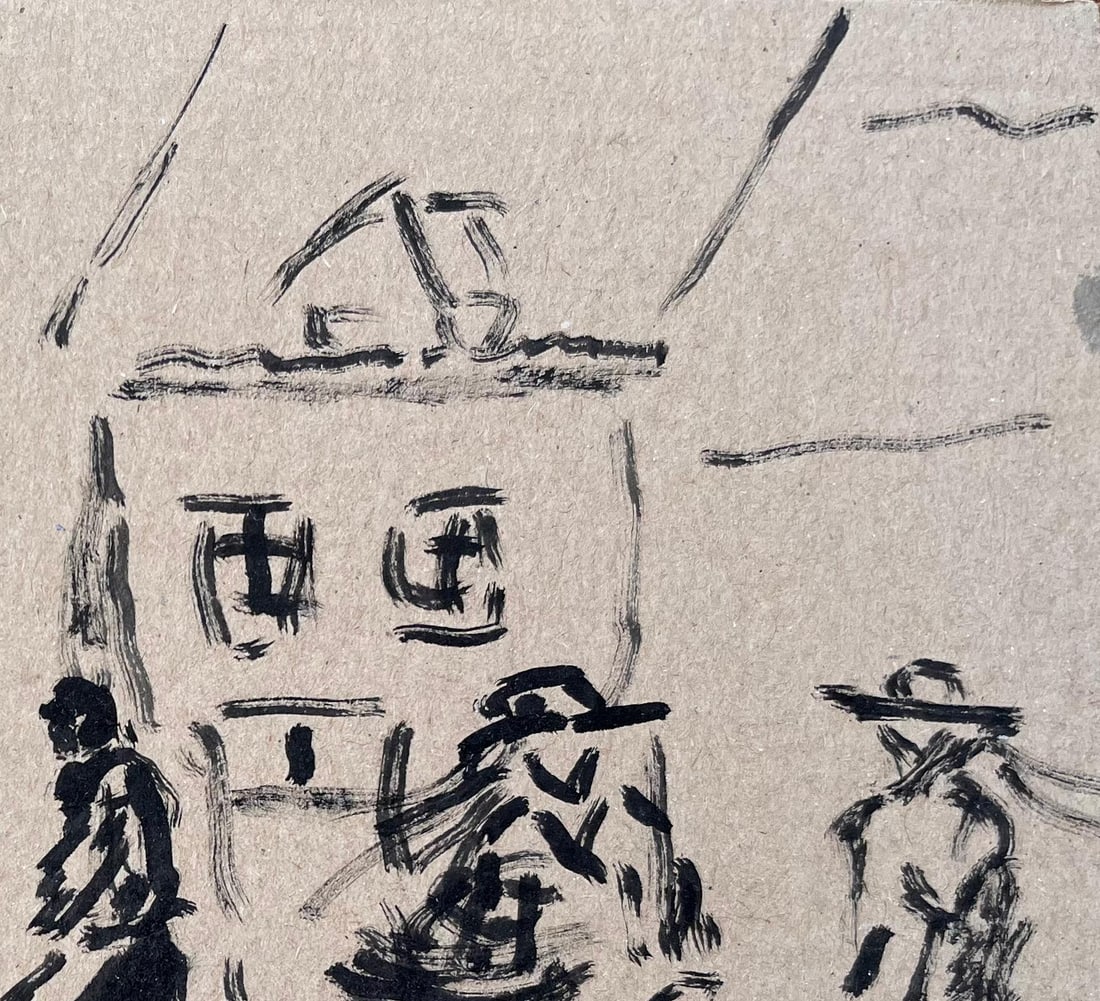 Fanch Lel; French Ink Drawing of Market Scene with Figures and Umbrella by Fanch Lel - 9