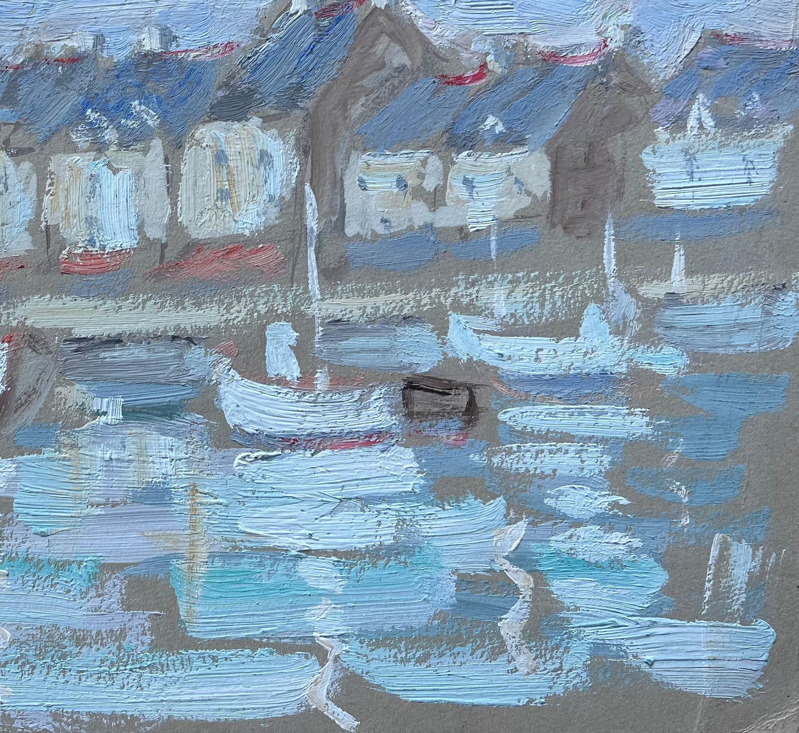 Fanch Lel; French Impressionist Oil Painting of Harbour Boats and Village Rooftops - 11