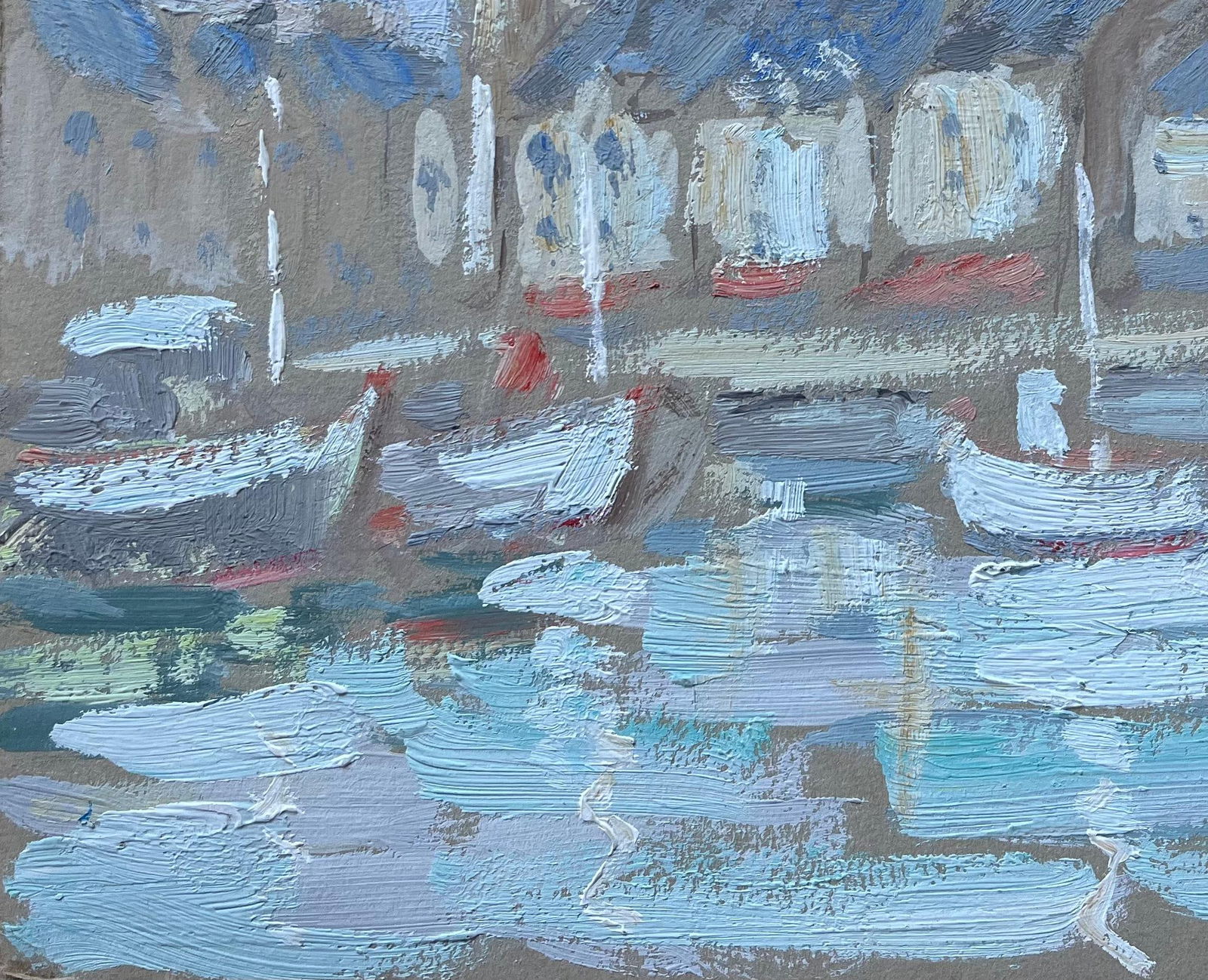 Fanch Lel; French Impressionist Oil Painting of Harbour Boats and Village Rooftops - 12