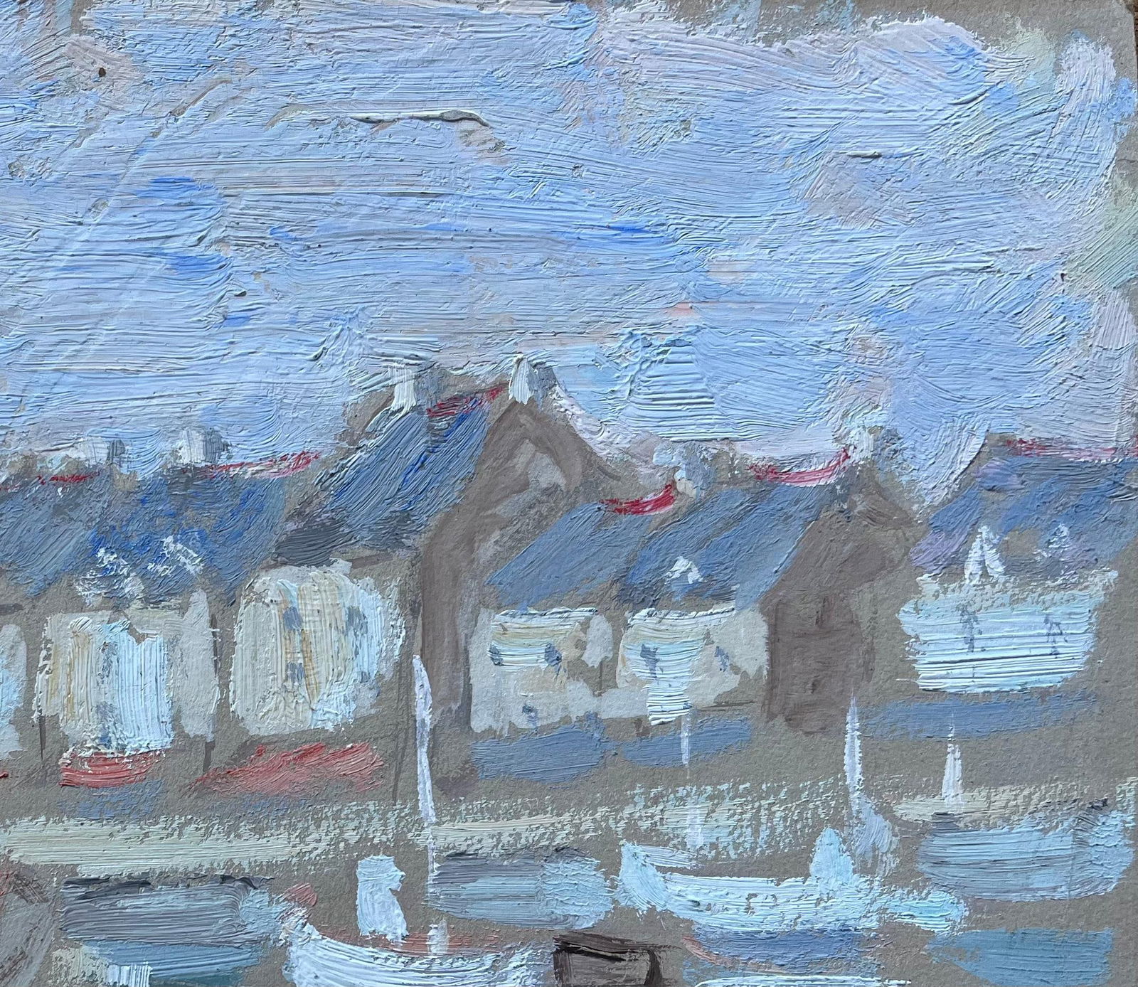 Fanch Lel; French Impressionist Oil Painting of Harbour Boats and Village Rooftops - 2