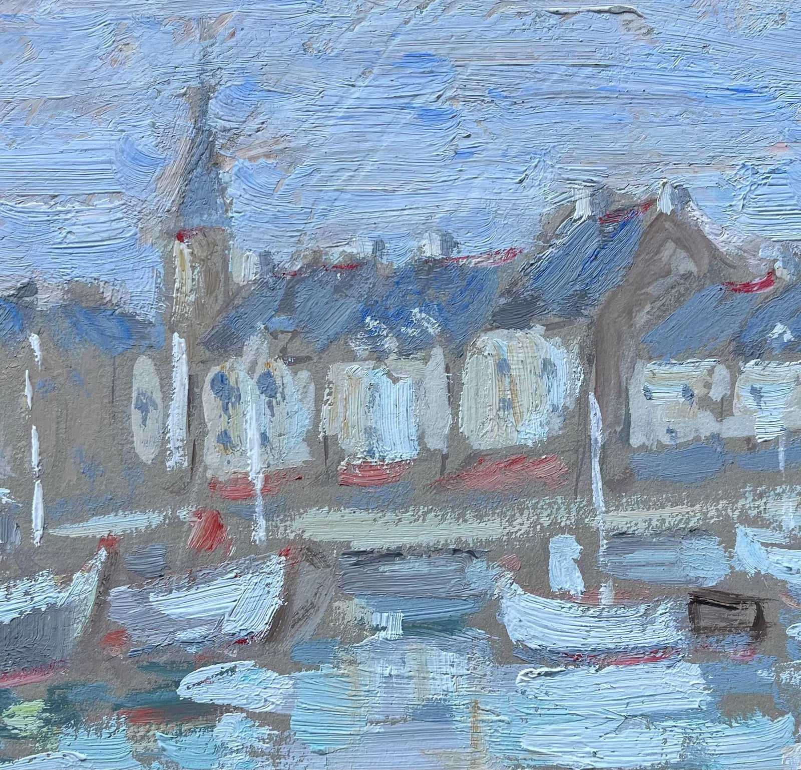 Fanch Lel; French Impressionist Oil Painting of Harbour Boats and Village Rooftops - 5