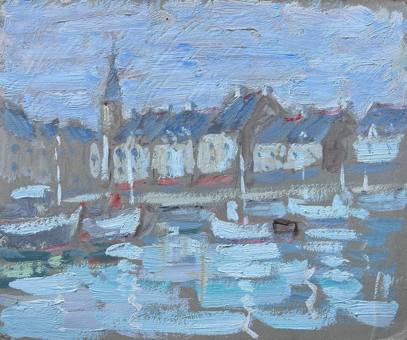 Fanch Lel; French Impressionist Oil Painting of Harbour Boats and Village Rooftops - 7