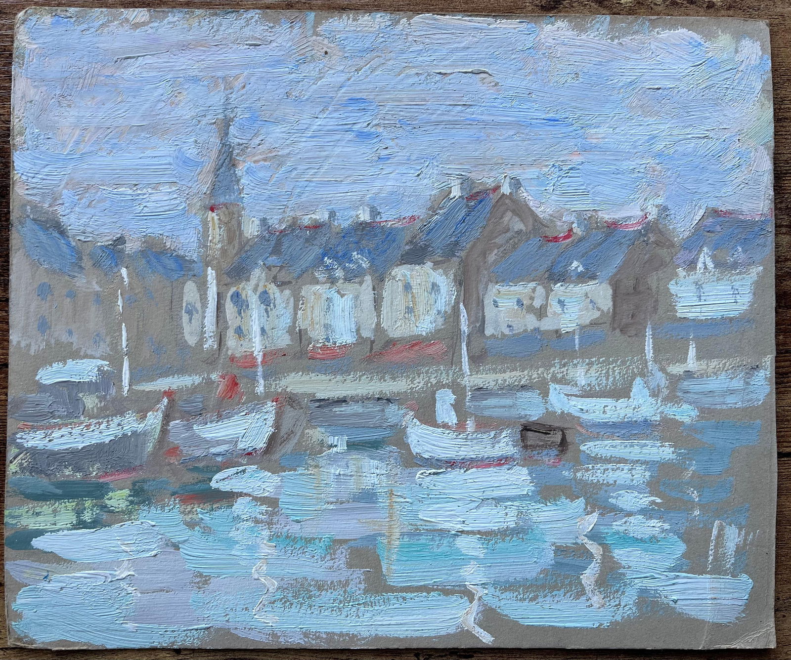 Fanch Lel; French Impressionist Oil Painting of Harbour Boats and Village Rooftops - 8