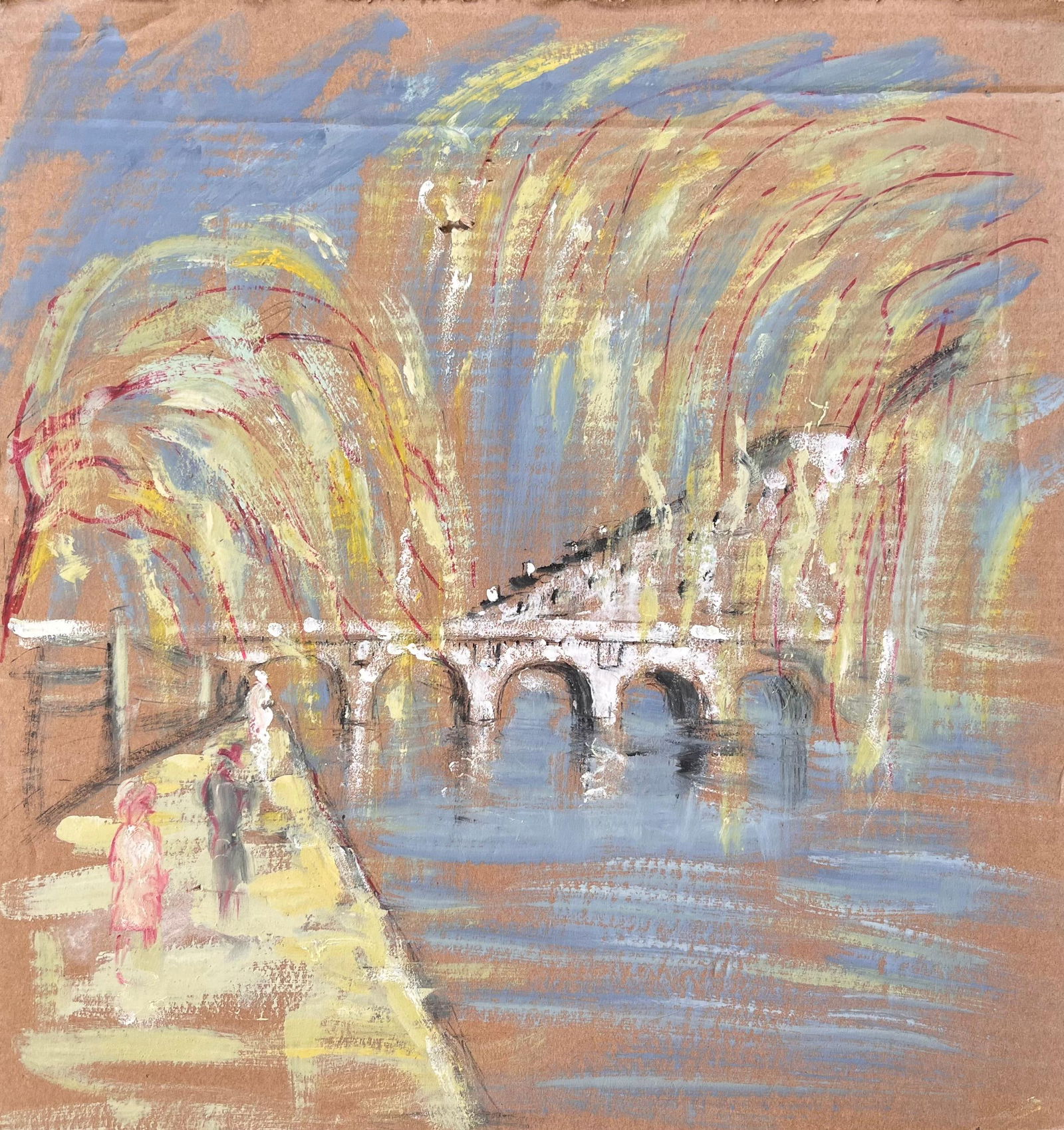 Fanch Lel; French Impressionist River Scene with Arched Bridge and Tree Lined Promenade: Title: Fanch Lel; French Impressionist River Scene with Arched Bridge and Tree Lined Promenade Description: Title: French Harbour Scene with Sailing Boats and Seafront Houses in Le Croisic By Fanch Le