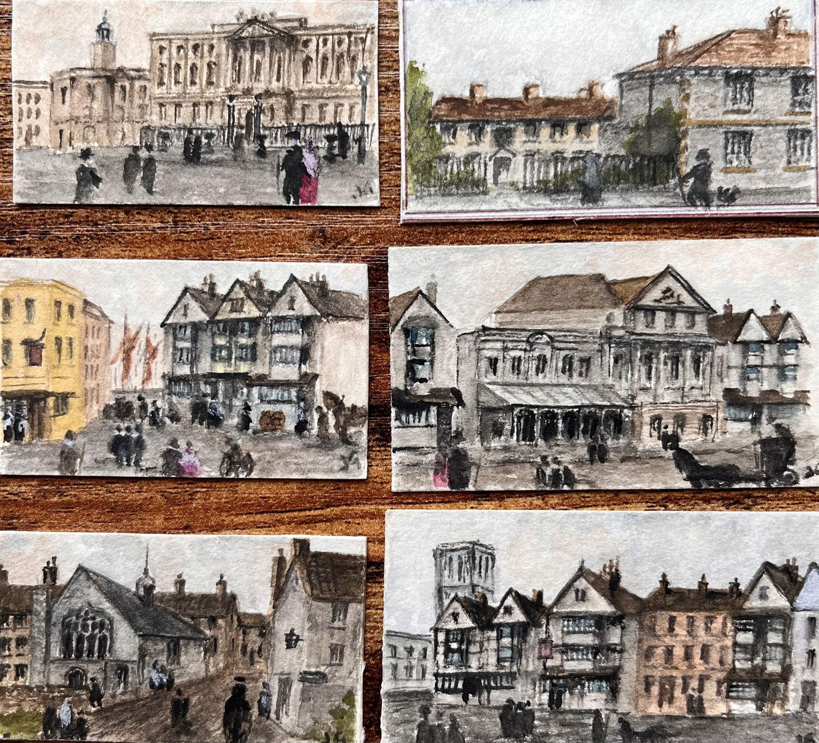 Jack Grunwell; Set of Six Miniature Watercolors of Historic Bristol Streets and Buildings: Title: Jack Grunwell; Set of Six Miniature Watercolors of Historic Bristol Streets and Buildings Description: Title: Set of Four Miniature Watercolors of Bristol Cathedral and Harbour Views by Jack