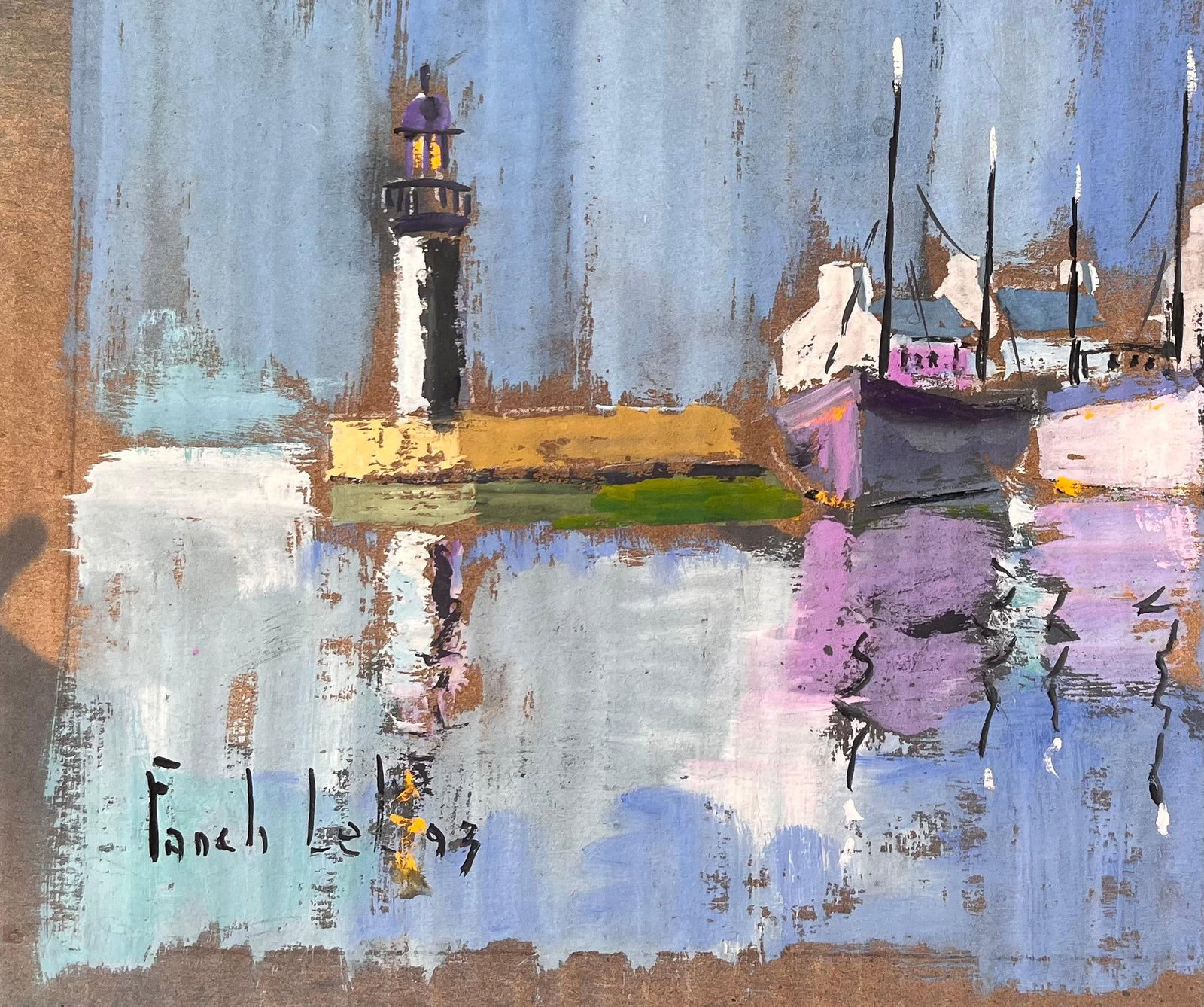 Fanch Lel; Colourful Impressionist Harbour with Lighthouse Boats and Reflections at Dusk, 1993 - 9