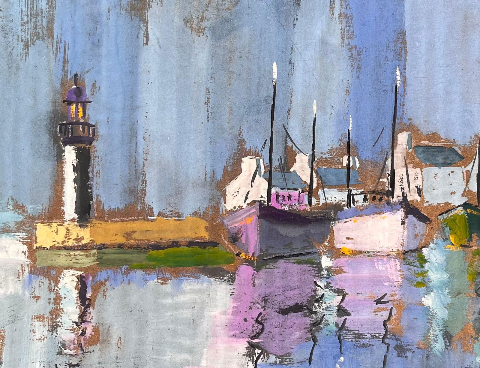 Fanch Lel; Colourful Impressionist Harbour with Lighthouse Boats and Reflections at Dusk, 1993 - 2