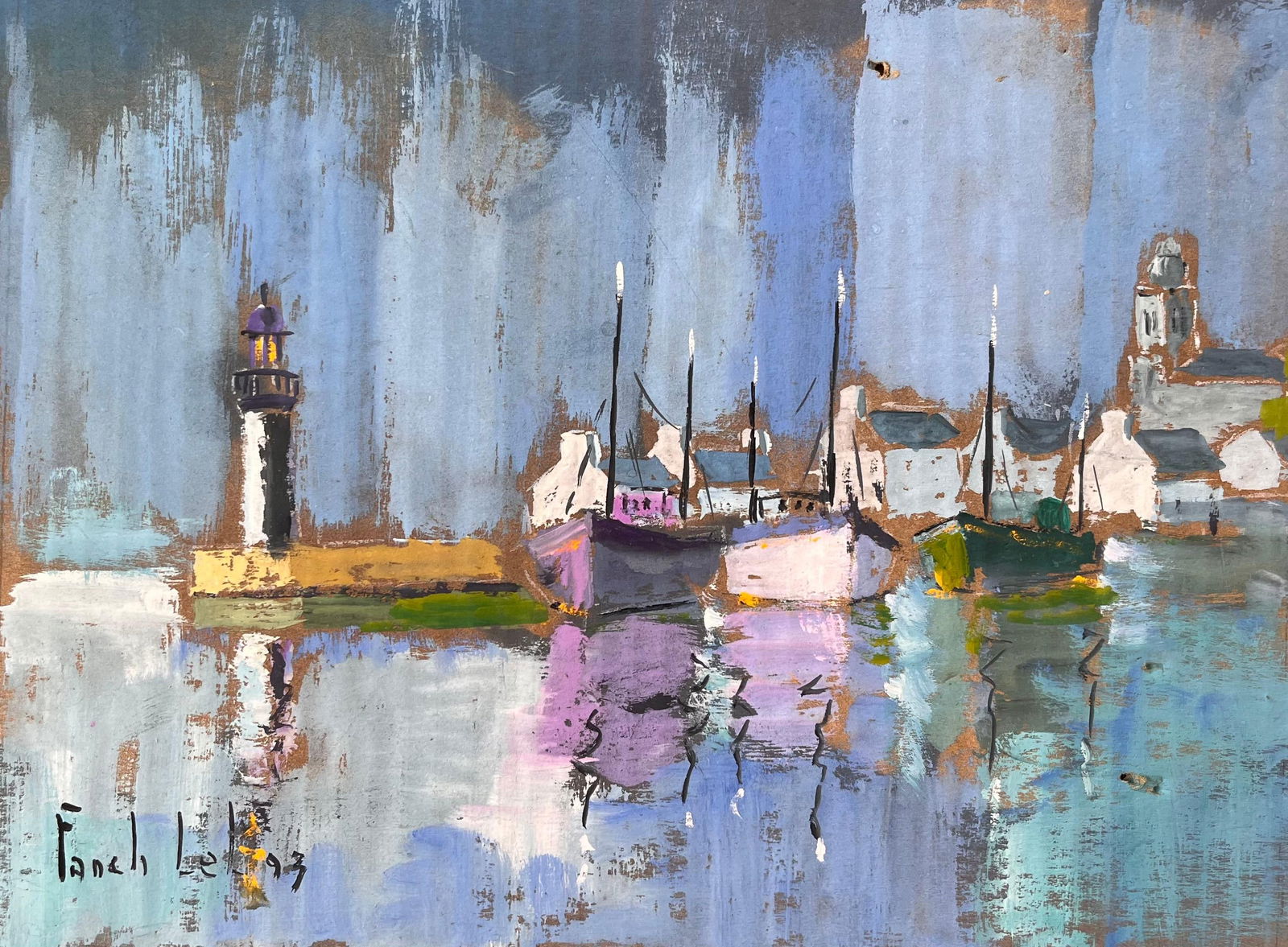 Fanch Lel; Colourful Impressionist Harbour with Lighthouse Boats and Reflections at Dusk, 1993 - 4