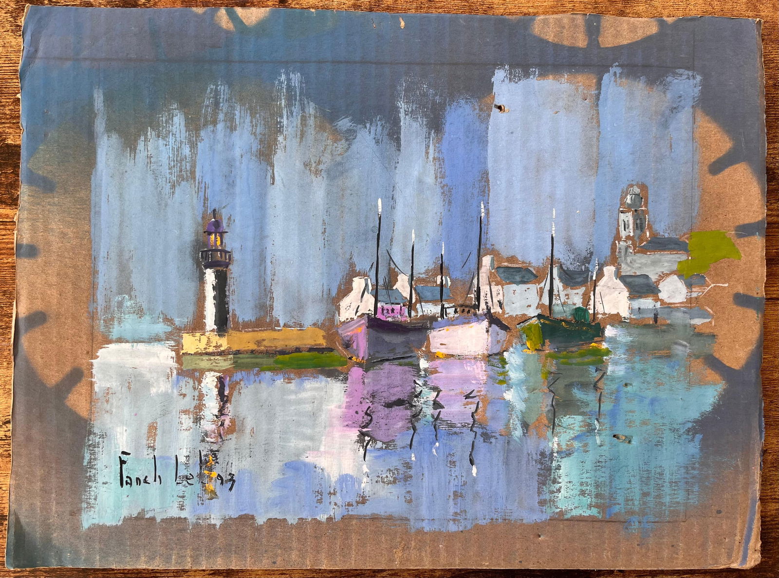Fanch Lel; Colourful Impressionist Harbour with Lighthouse Boats and Reflections at Dusk, 1993 - 5