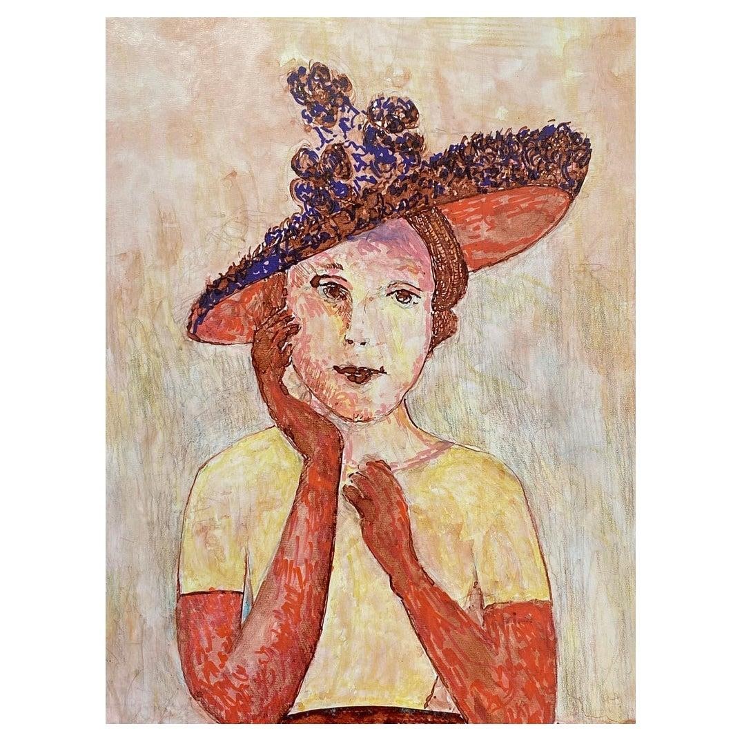 1950's French Modernist / Cubist Painting, Fashionable Lady in Chic Hat, 1950: Title: 1950's French Modernist / Cubist Painting, Fashionable Lady in Chic Hat, 1950 Description: Artist: Elisabeth Hahn (German 1924-2021), Elisabeth Hahn was born in Dortmund, Germany, where she