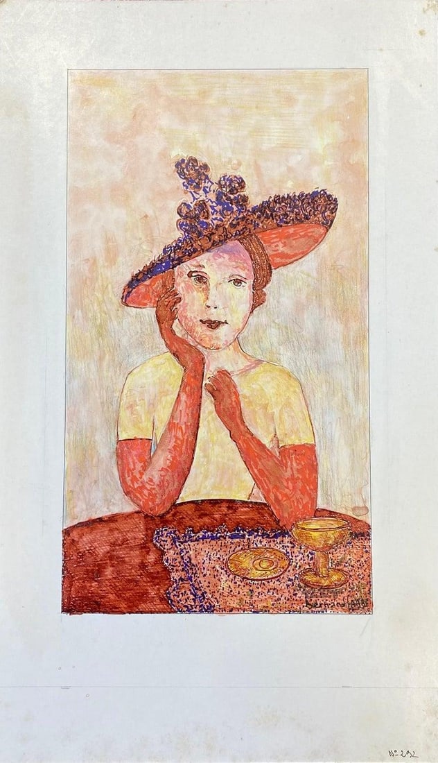 1950's French Modernist / Cubist Painting, Fashionable Lady in Chic Hat, 1950 - 5