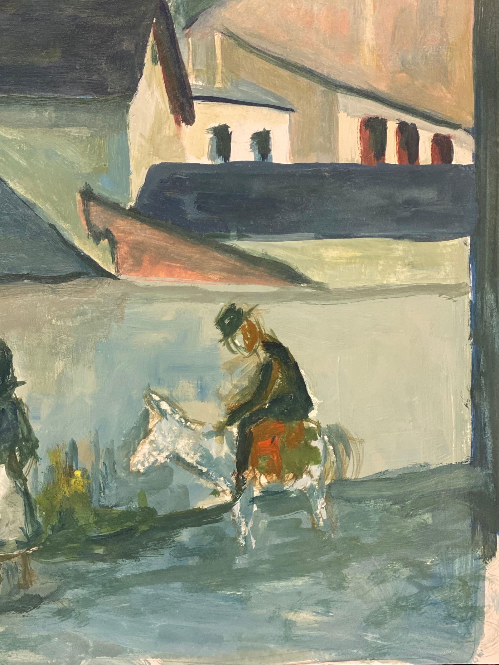 1950's Modernist Painting, Bright Blue Town Landscape with Horse and Figures, 1950s - 2