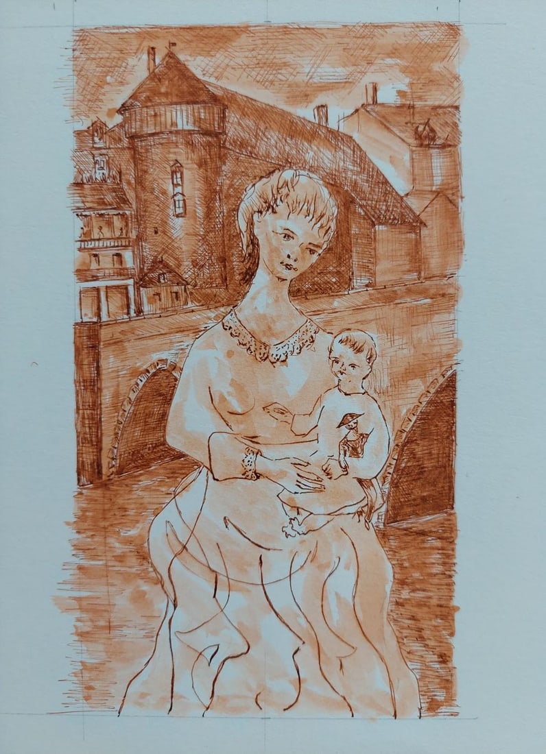 20th Century French Modernist Cubist Painting, Mother and Child, 20th Century - 9