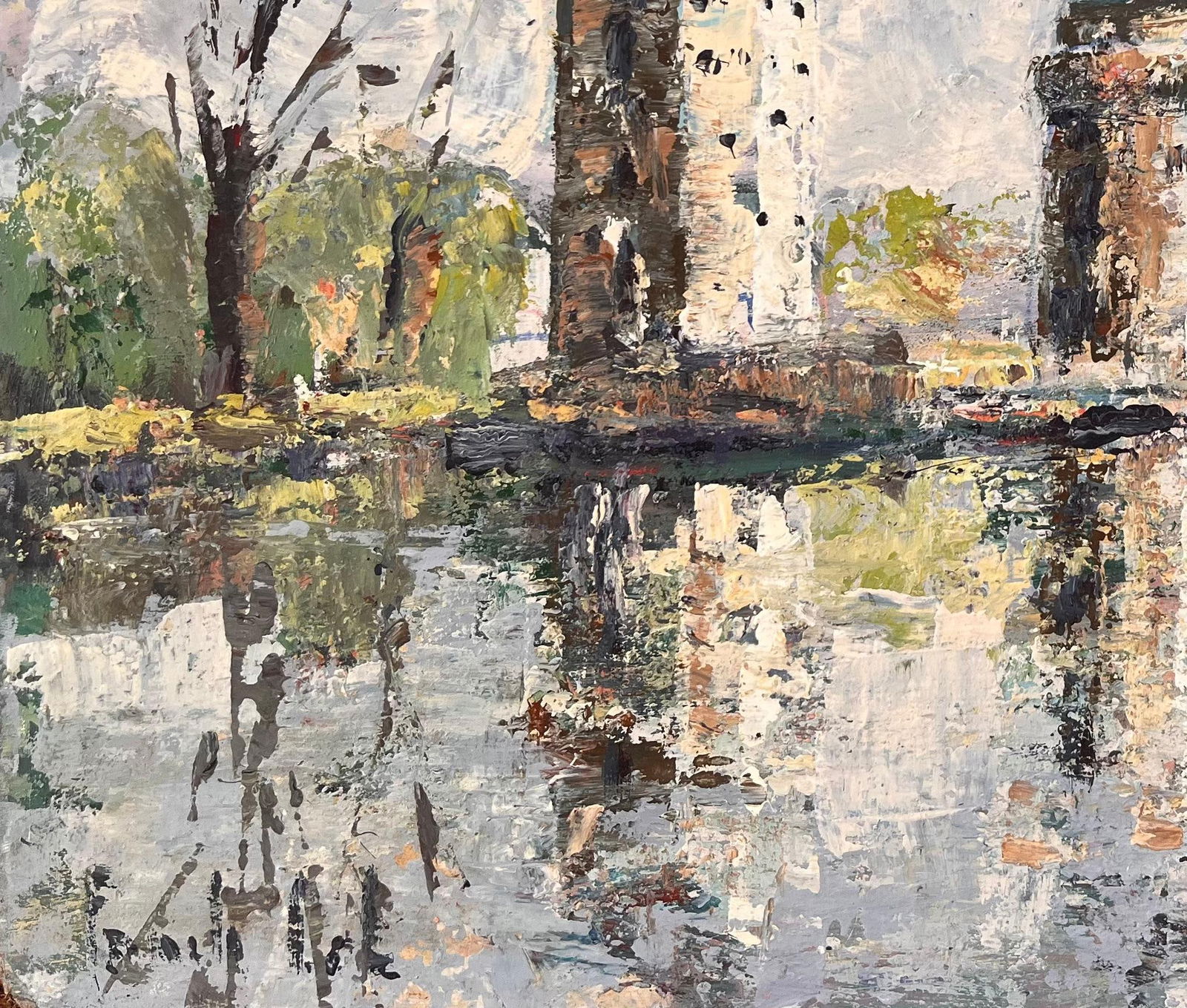 Fanch Lel; French Impressionist Oil of Twin Turrets and Trees Reflected in River Scene - 10