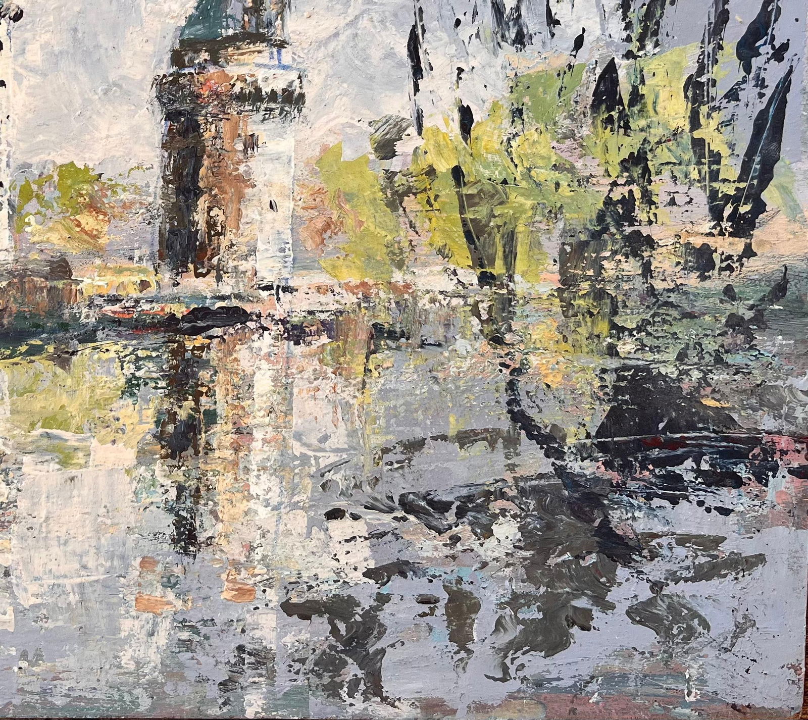 Fanch Lel; French Impressionist Oil of Twin Turrets and Trees Reflected in River Scene - 11