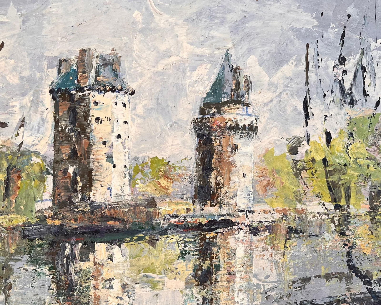 Fanch Lel; French Impressionist Oil of Twin Turrets and Trees Reflected in River Scene - 13