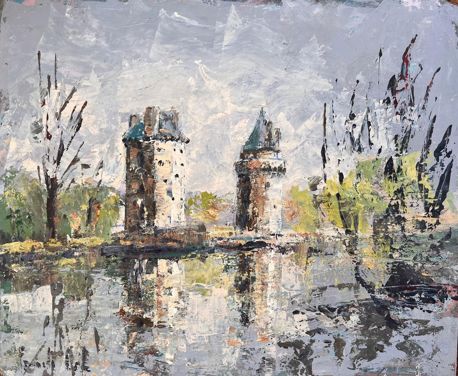 Fanch Lel; French Impressionist Oil of Twin Turrets and Trees Reflected in River Scene - 15