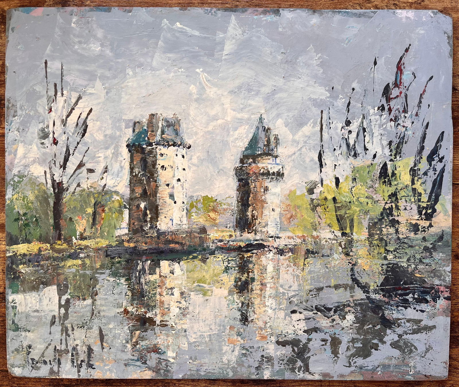 Fanch Lel; French Impressionist Oil of Twin Turrets and Trees Reflected in River Scene - 8