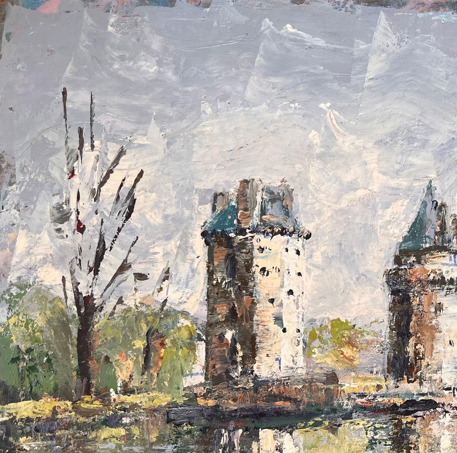 Fanch Lel; French Impressionist Oil of Twin Turrets and Trees Reflected in River Scene - 9