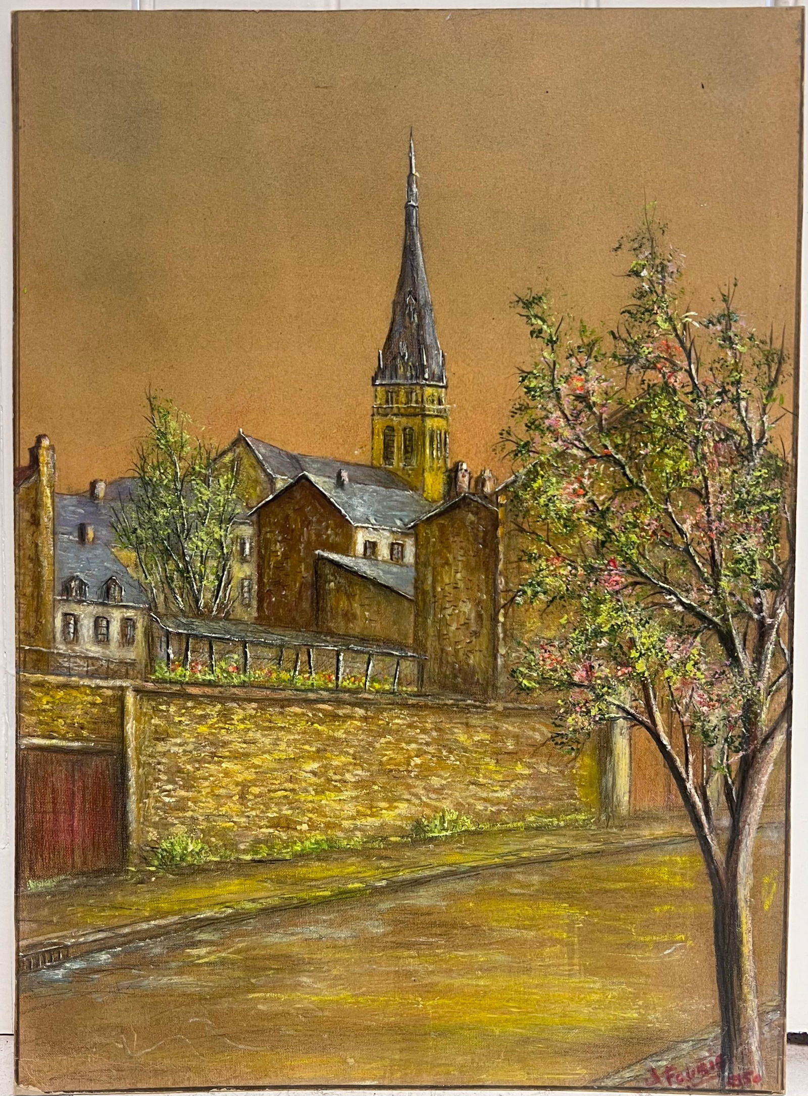 Jean Fourie; Quiet Street with Blossoming Tree and Church Spire at Dusk Oil Painting, 1950 - 7