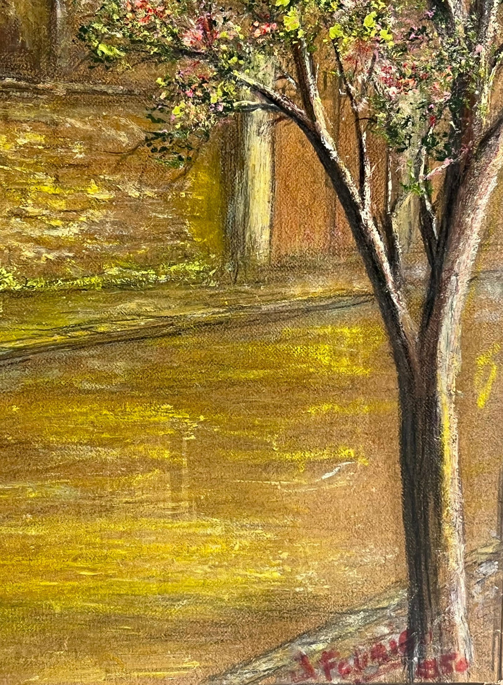Jean Fourie; Quiet Street with Blossoming Tree and Church Spire at Dusk Oil Painting, 1950 - 8
