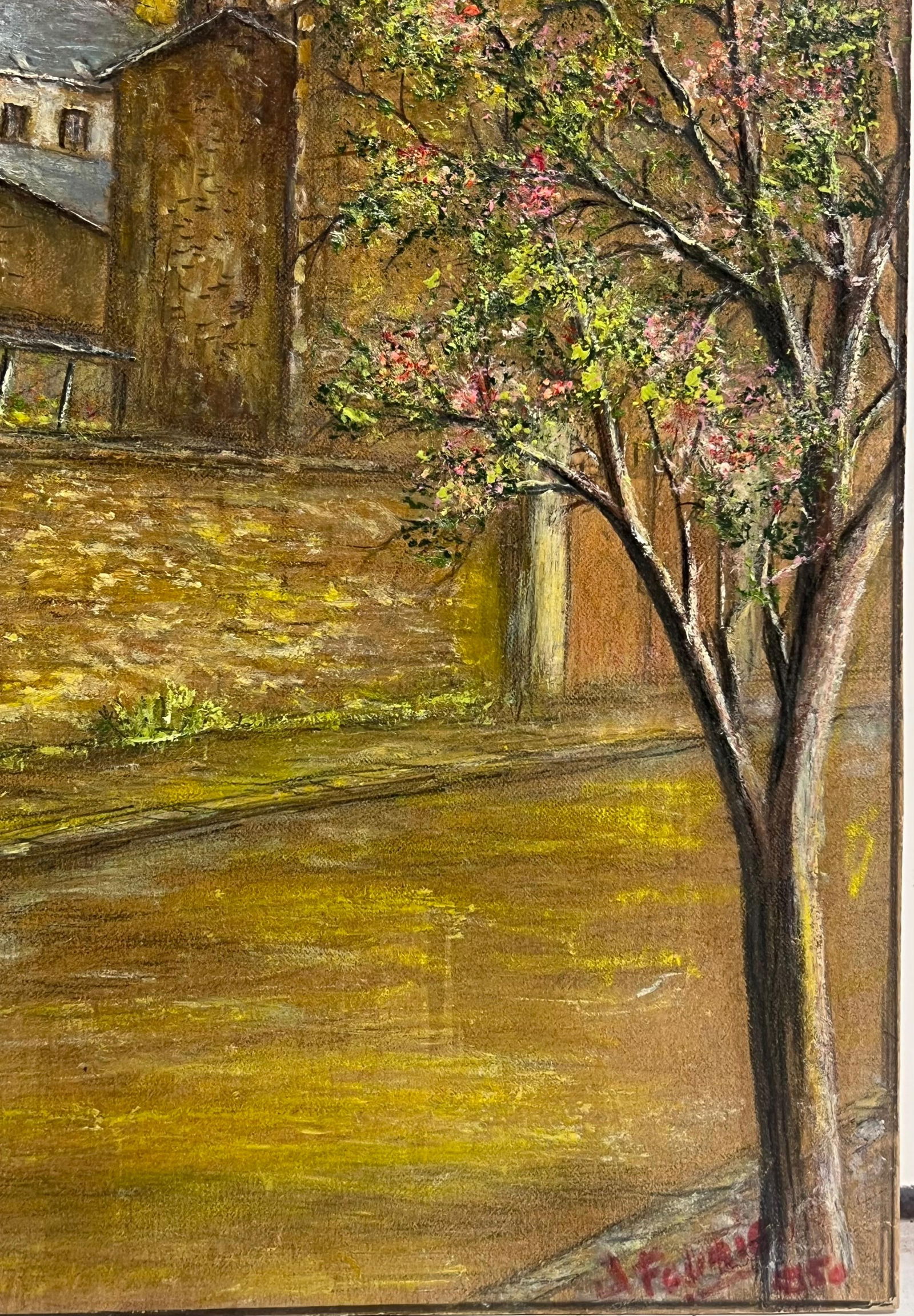 Jean Fourie; Quiet Street with Blossoming Tree and Church Spire at Dusk Oil Painting, 1950 - 9